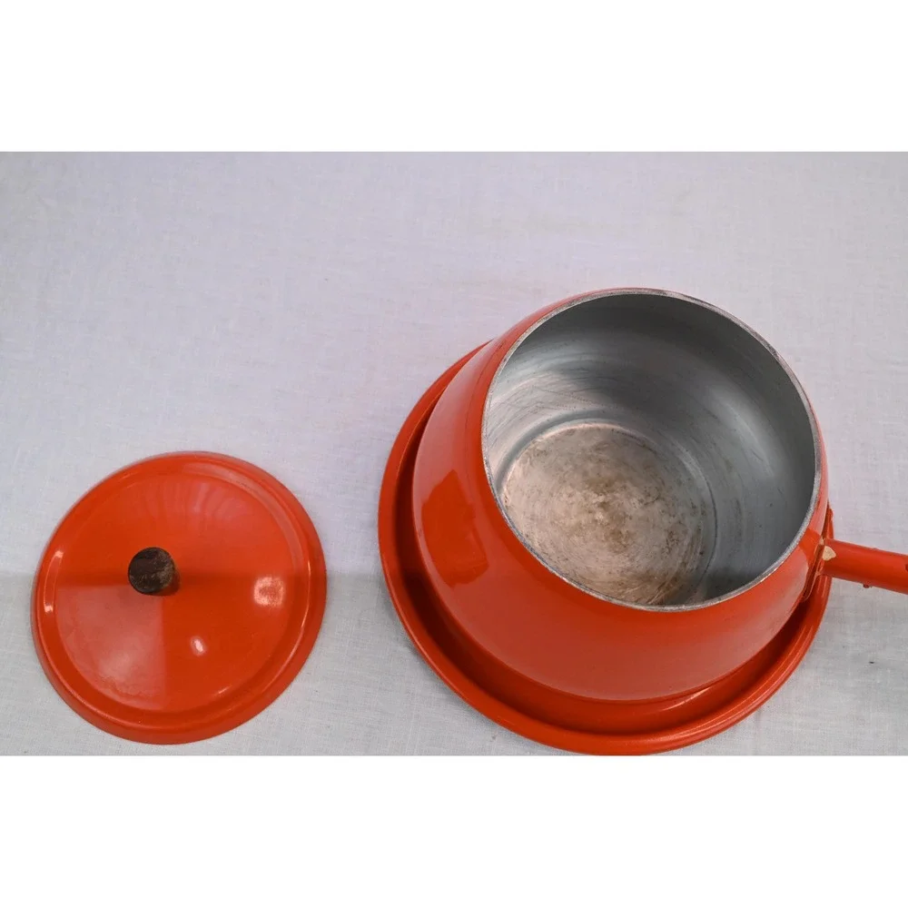 Vintage Mid Century Modern Flame Orange Japanese Fondue Pot Teak Wood Handles